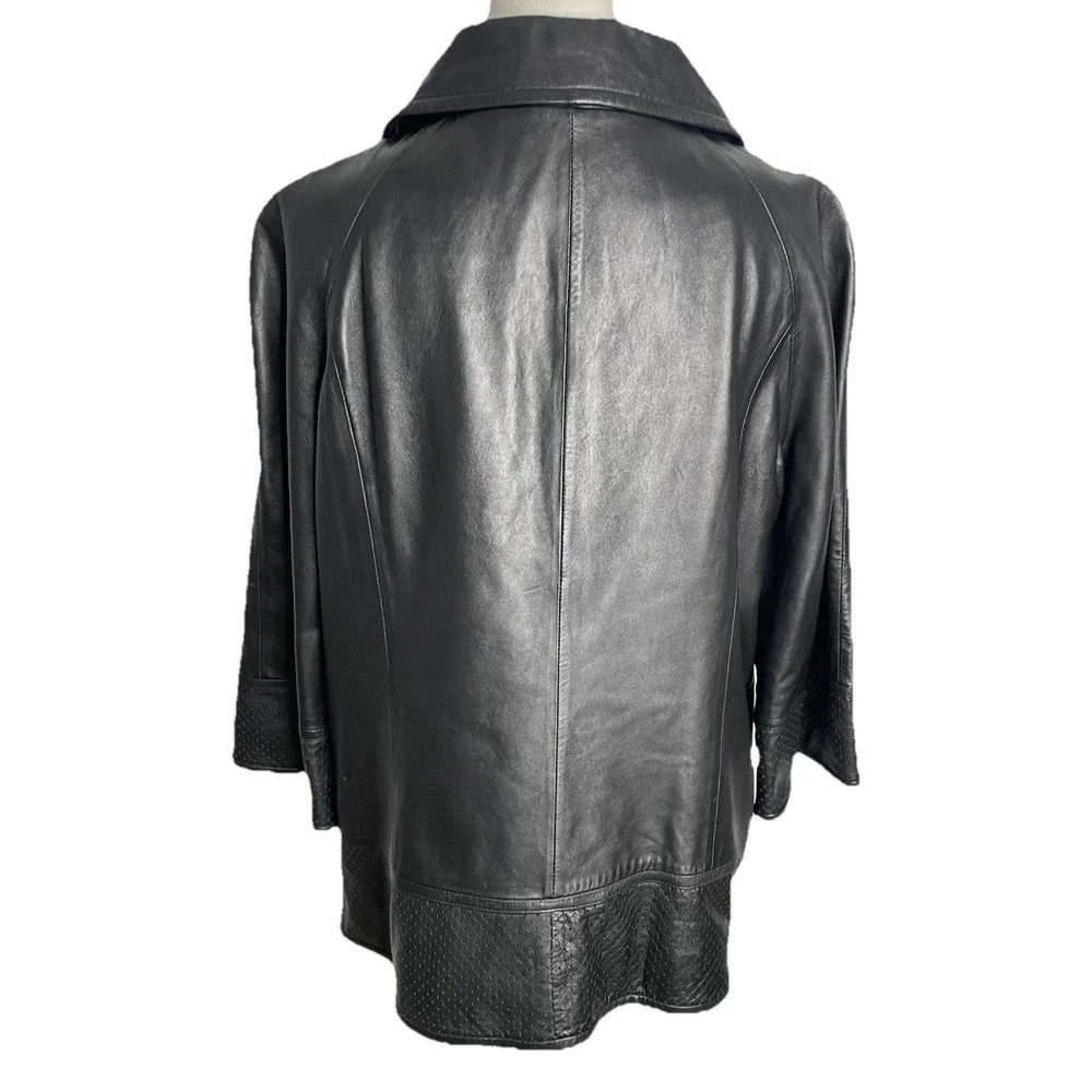 Vintage Tesori‎ Black Leather Jacket 3/4 Sleeve Perforated Trim  Large
